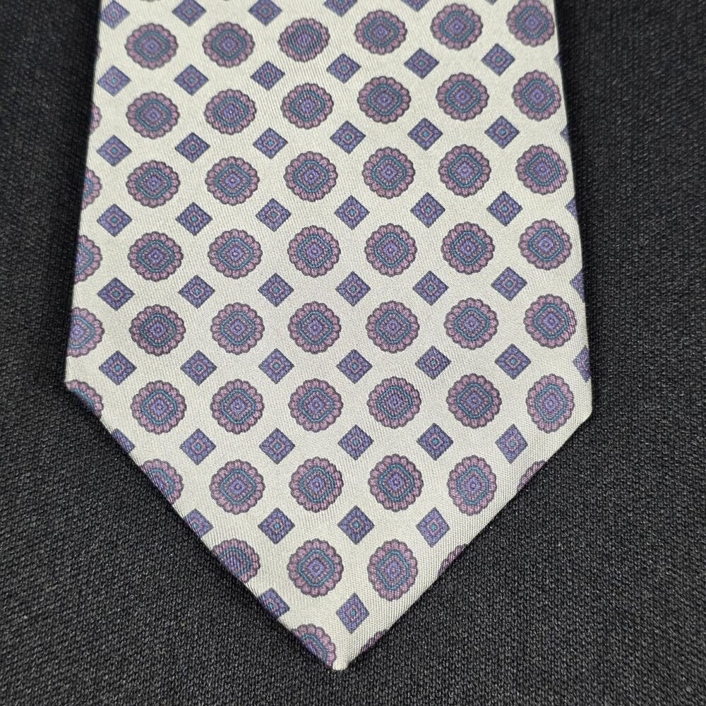 417 by Van Heusen Men's Tie Grey Purple Teal Geometric 100% Silk